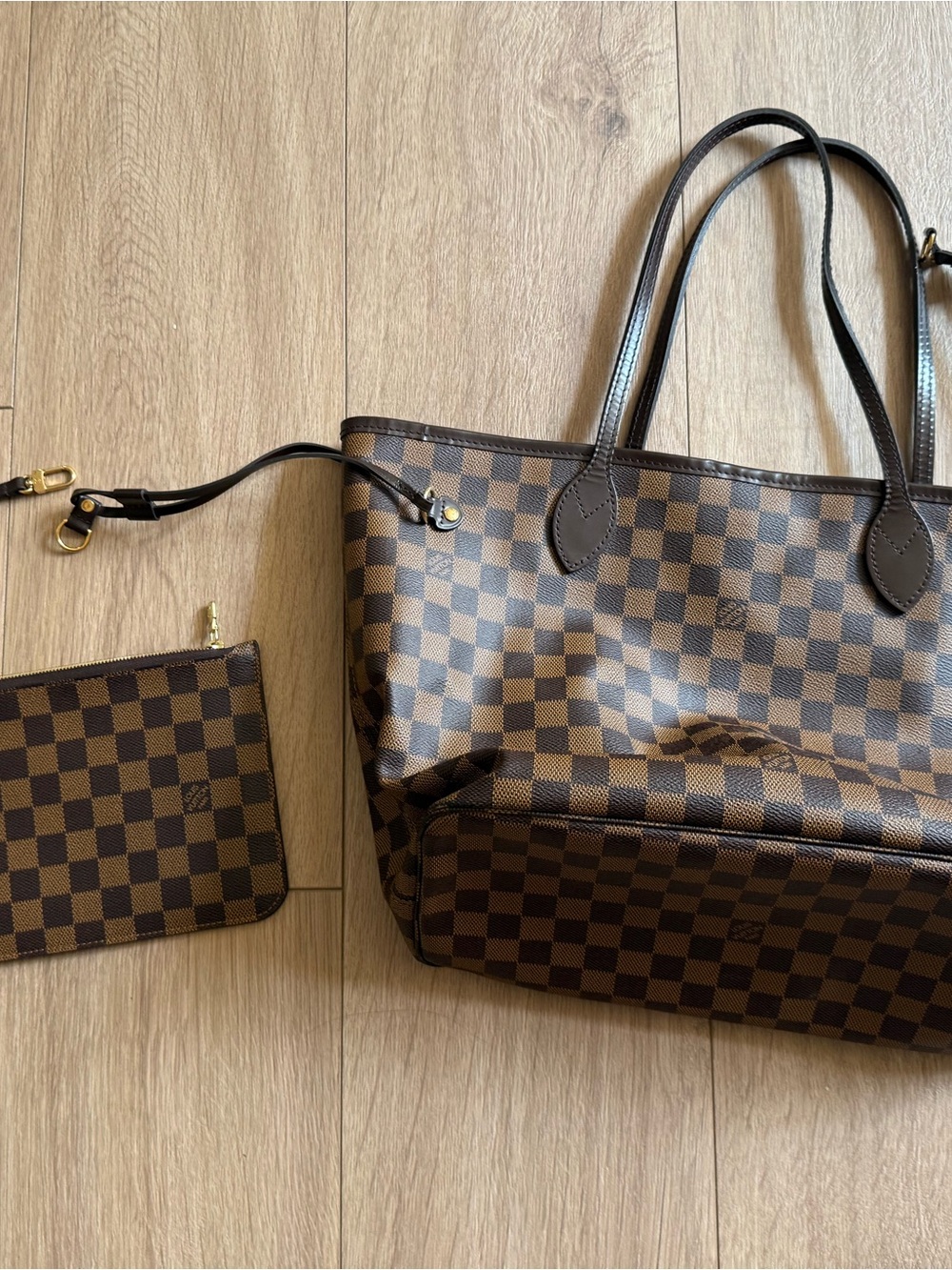 Brown Checkered Tote Bag with Wristlet